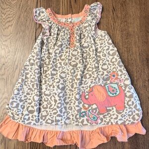 Leopard Print Coral and Gray Kids Dress with Embroidered Pink Elephant. EUC